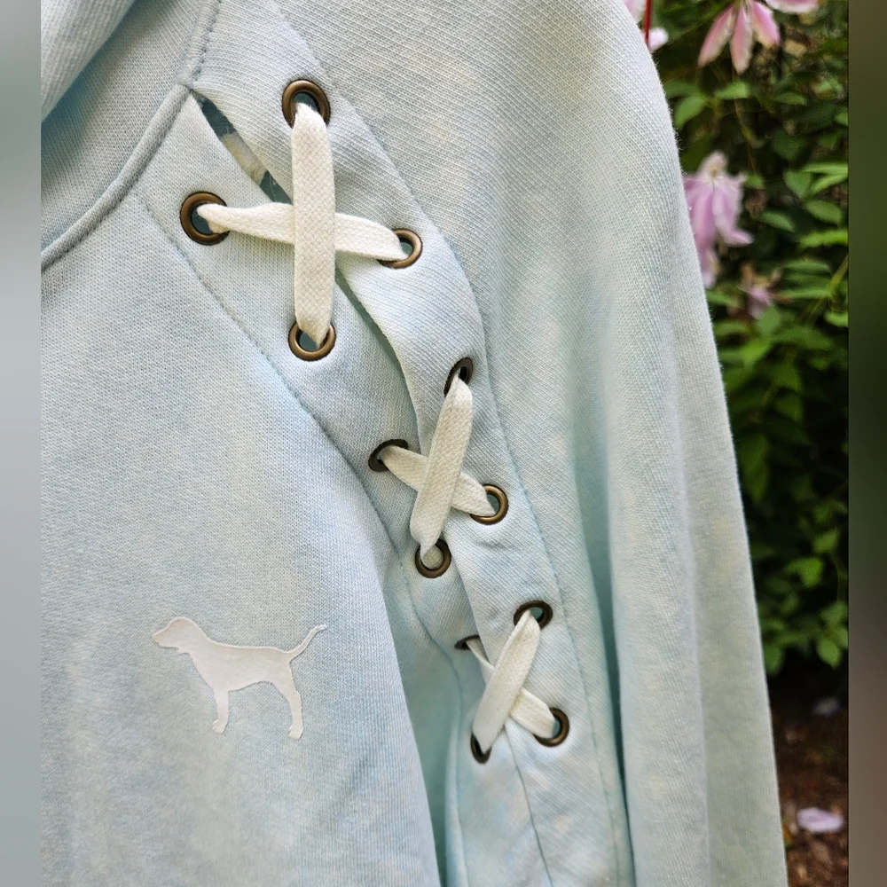 PINK Victoria's Secret Graphic Hoodie Sweatshirt LS Cropped Laced Blue Small EUC - Picture 7 of 12
